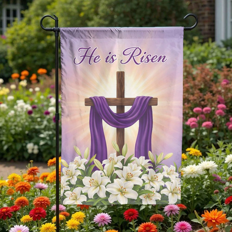 He Is Risen Easter Garden Flag | Religious Cross & Lilies Decor | Double Sided Weather Resistant Polyester | Christian Outdoor Home Decor Gift