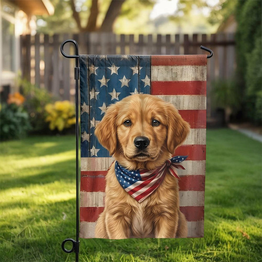 Patriotic Golden Retriever Garden Flag | American Flag Puppy Design | Double Sided Premium Polyester | Outdoor Yard Decor Gift for Dog Lovers