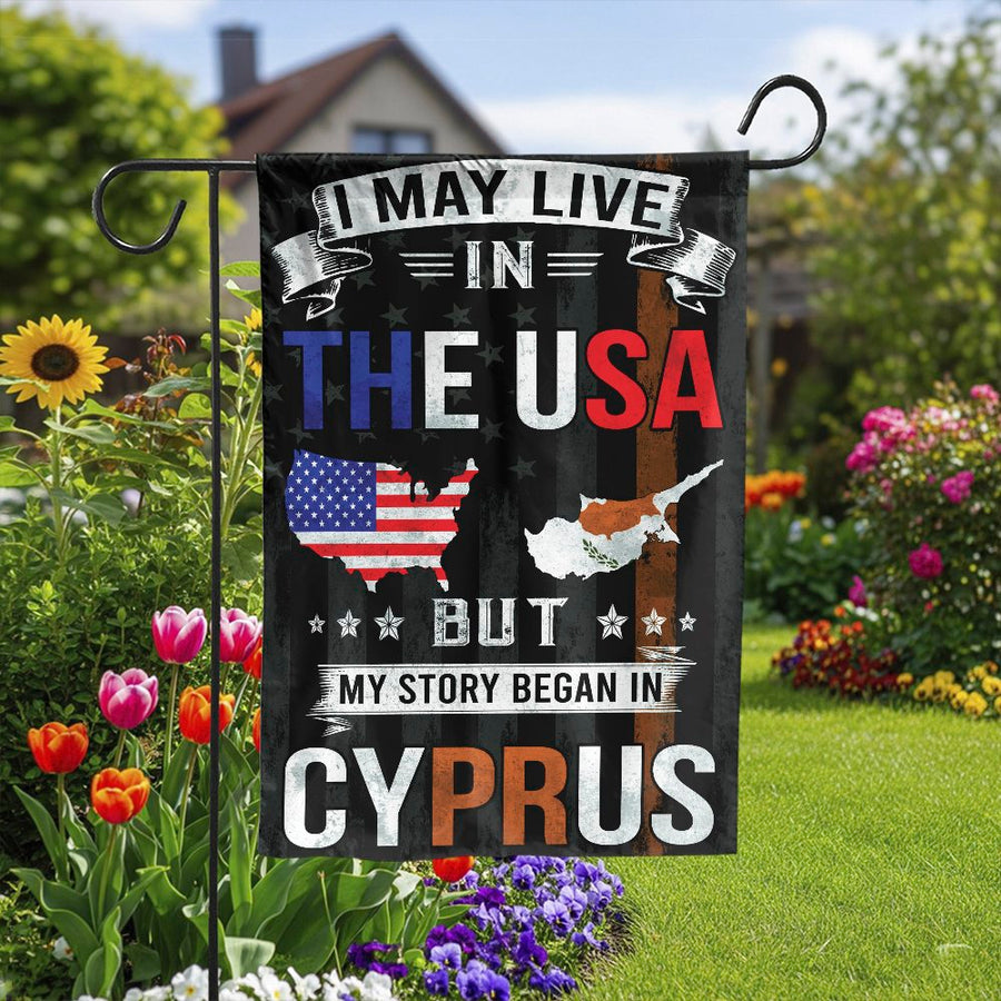 Cypriot American Garden Flag | My Story Began in Cyprus Design | Weather-Resistant Polyester | Patriotic Gift for Immigrant Family