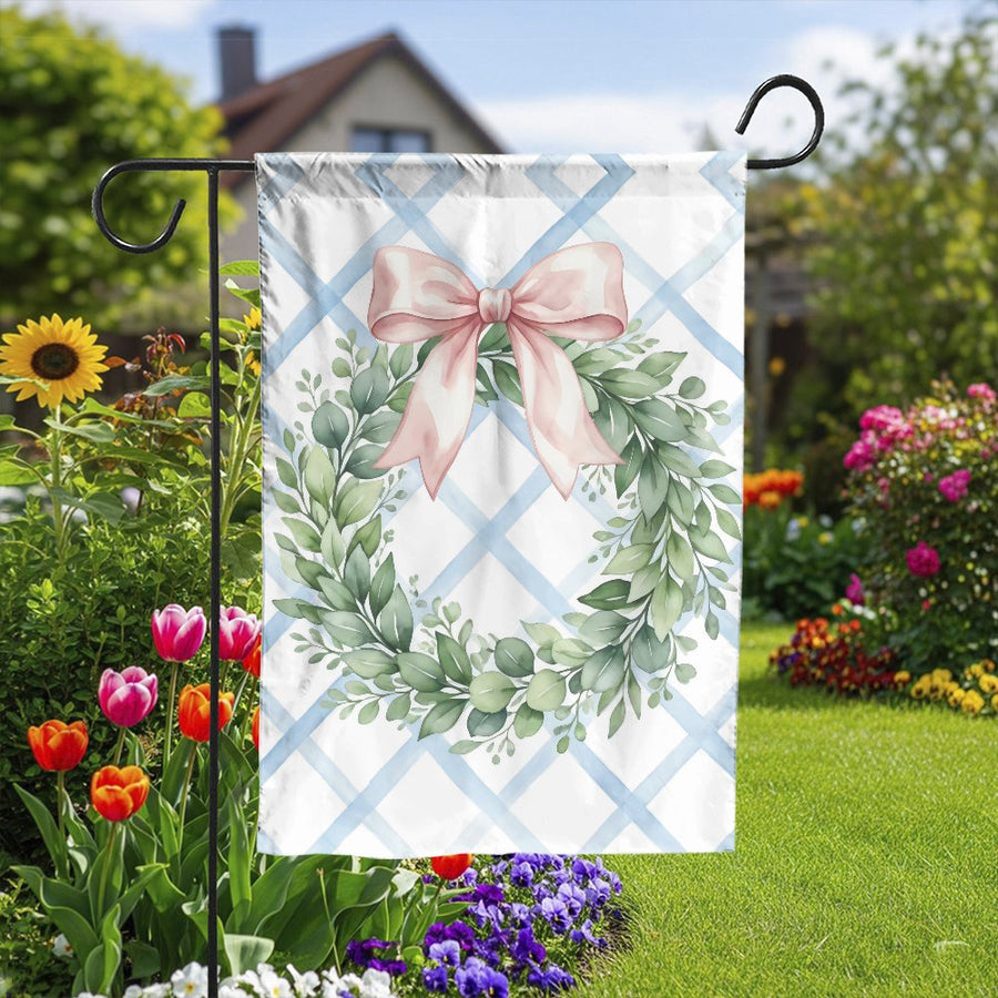 Eucalyptus Wreath Garden Flag | Watercolor Pink Bow on Blue Trellis | Premium Double Sided Fabric | Spring Welcome Decor Gift