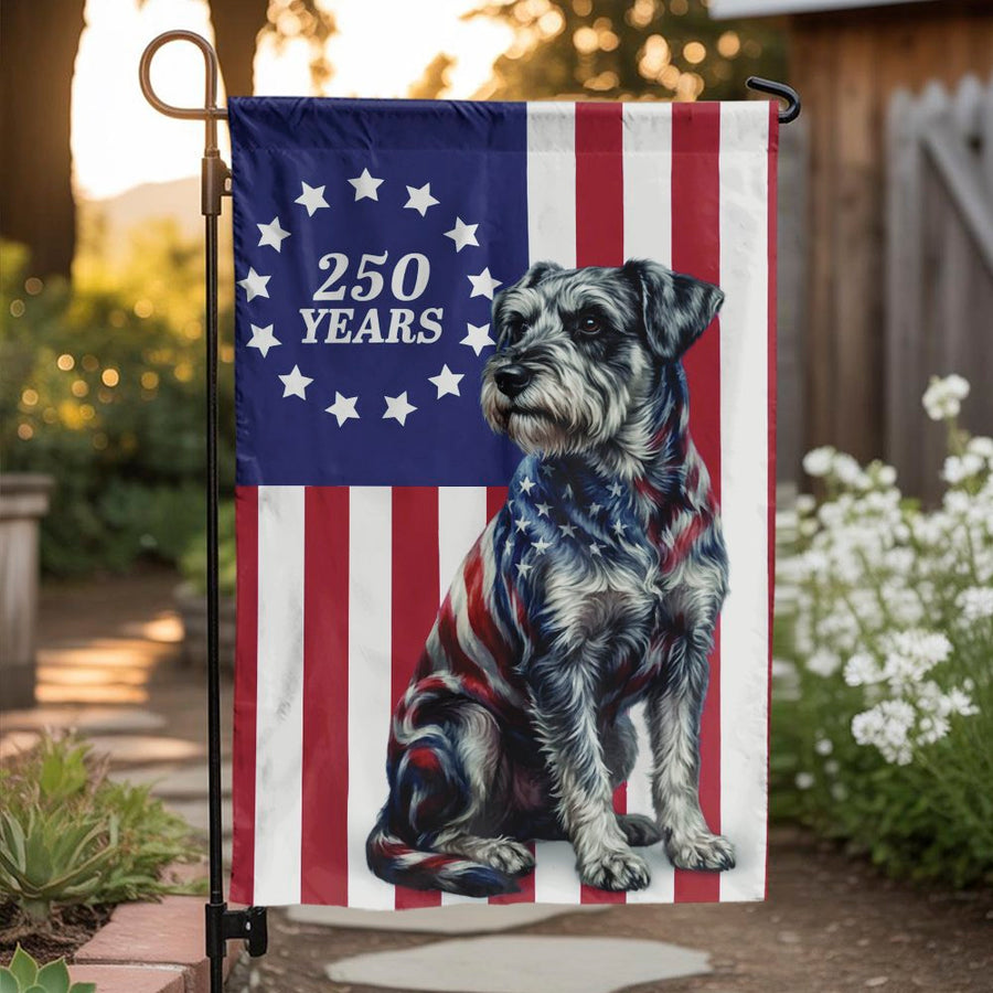 Patriotic Schnauzer Garden Flag | American Flag 250th Anniversary Design | Double-Sided Polyester | Outdoor Yard Decor Gift for Dog Lover