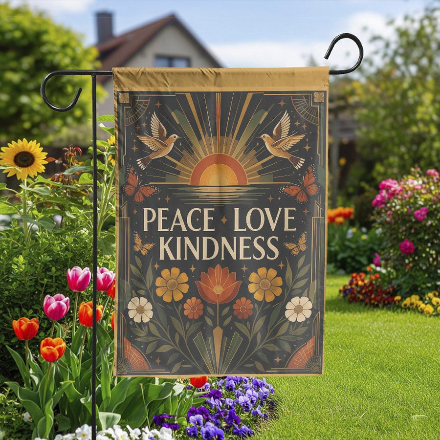 Peace Love Kindness Garden Flag | Retro Art Deco Double Sided Print | Premium Weather-Resistant Polyester | Outdoor Yard & Patio Decor Gift