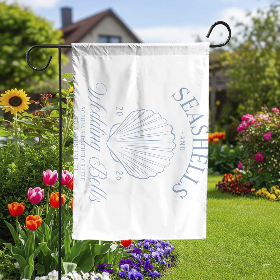 Bachelorette Garden Flag | Coastal Seashells & Wedding Bells Theme | Double Sided Polyester | Beach Party Decor for Bride to Be