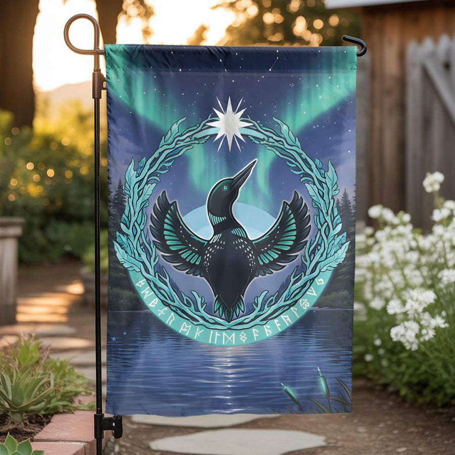 Minnesota Loon Garden Flag | Nordic Rune Art & Aurora Borealis | Double Sided Weather-Resistant Polyester | Minnesota Homeowner Yard Decor Gift