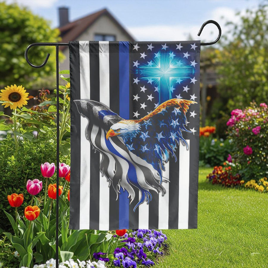 Thin Blue Line Garden Flag | Patriotic Eagle and Cross Design | Weather Resistant Double Sided | Law Enforcement Support Gift