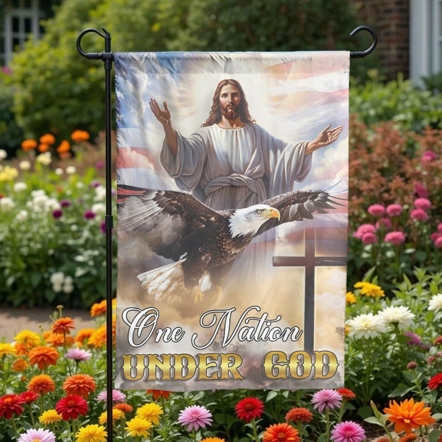 One Nation Under God Garden Flag | Patriotic Jesus & Eagle Design | Weather Resistant Polyester | Christian Home Decor Gift
