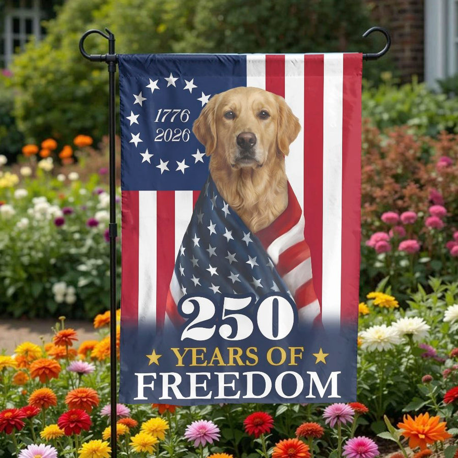 Patriotic Golden Retriever Garden Flag | USA 250th Anniversary 1776-2026 Design | Double Sided Premium Polyester | Commemorative Yard Decor Gift for Dog Lovers