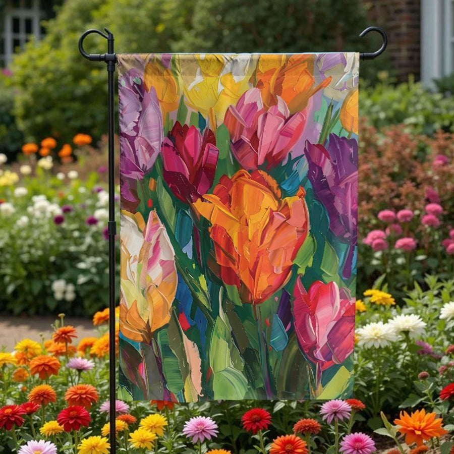 Vibrant Tulip Garden Flag | Painted Floral Art Double-Sided Print | Premium Weather-Resistant Polyester | Spring Yard Decor Gift for Gardener