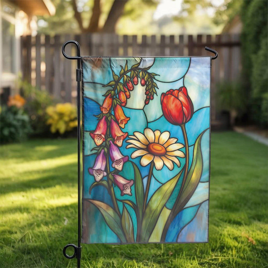 Stained Glass Floral Garden Flag | Vibrant Botanical Art Print | Premium Weather-Resistant Polyester | Outdoor Yard Decor Gift for Gardeners