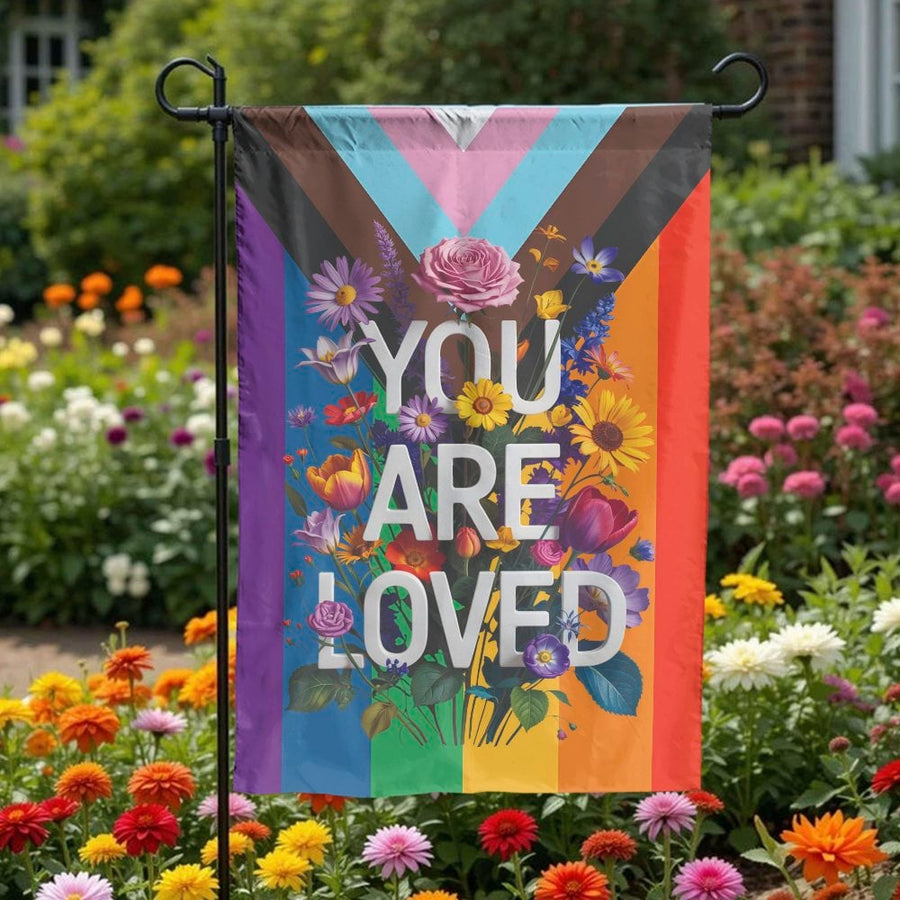 Progress Pride Garden Flag | Floral 'You Are Loved' LGBTQ+ Design | Double Sided Weather-Resistant Fabric | Pride Month Outdoor Decor Gift