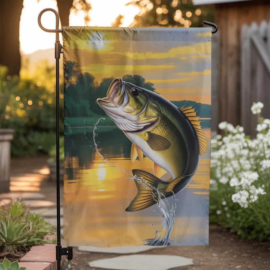 Bass Fishing Garden Flag | Jumping Largemouth Bass Illustration | Weather Resistant Polyester | Outdoor Decor Gift for Fisherman