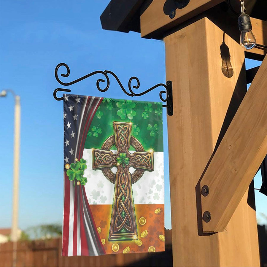 Irish American Garden Flag | Celtic Cross & Shamrock Design | Double-Sided Weather Resistant | St Patrick's Day Outdoor Decor Gift