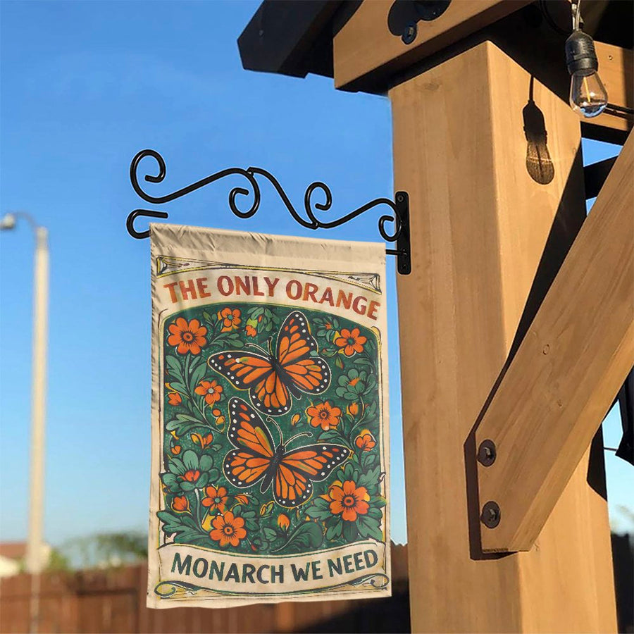 Political Monarch Butterfly Garden Flag | Vintage Botanical "The Only Orange" Art | Double Sided Weather Resistant Fabric | Liberal Gardener Gift