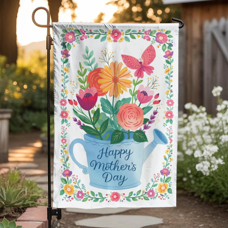 Happy Mother's Day Garden Flag | Watering Can Floral Design | Double Sided Weather-Resistant Polyester | Outdoor Yard Decor Gift for Mom