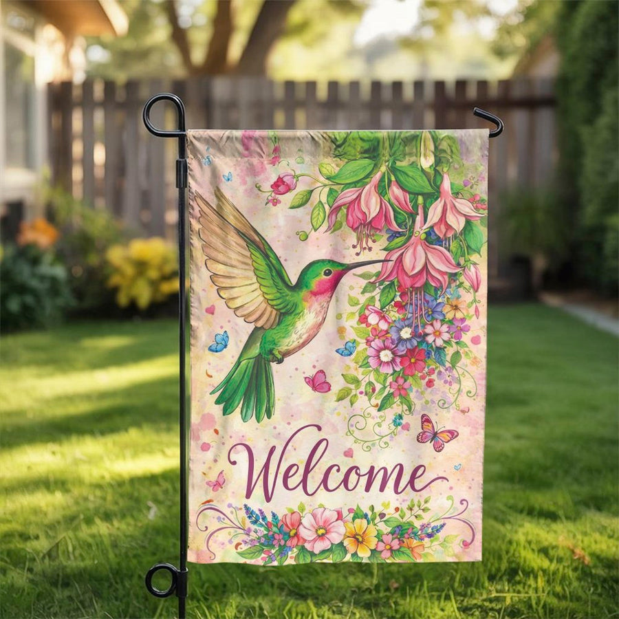 Hummingbird Welcome Garden Flag | Watercolor Botanical Art with Butterflies | Double-Sided Premium Polyester | Outdoor Yard Decor Gift for Garden Lovers