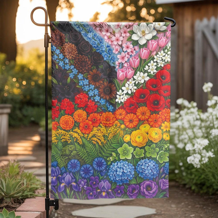 Floral Rainbow Garden Flag | Double Sided Botanical Print | Weather-Resistant Outdoor Decor | LGBTQ Pride Yard Art & Welcome Sign
