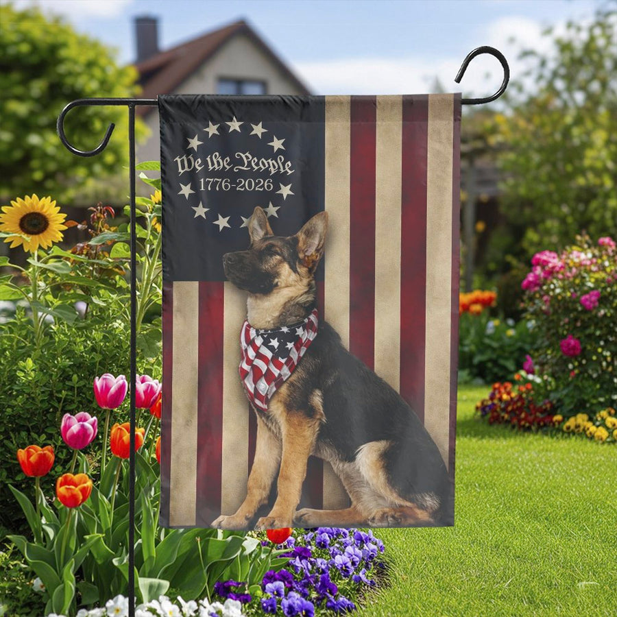 Patriotic German Shepherd Garden Flag | Vintage We the People USA Flag | Double Sided Polyester | Outdoor Decor Gift for GSD Dog Lovers
