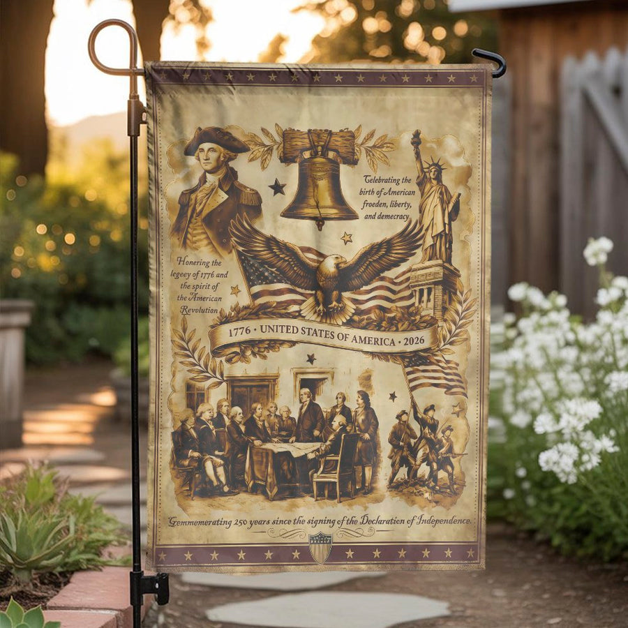 America 250th Anniversary Garden Flag | Vintage 1776 Patriotic Collage | Double Sided Weatherproof Polyester | Commemorative US History Yard Decor Gift