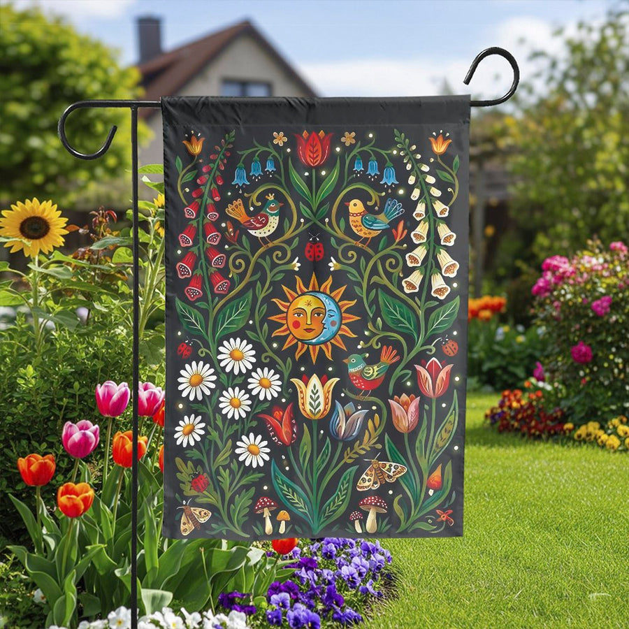 Folk Art Garden Flag | Celestial Sun Moon Floral Print | Double Sided Polyester | Cottagecore Yard Decor Gift
