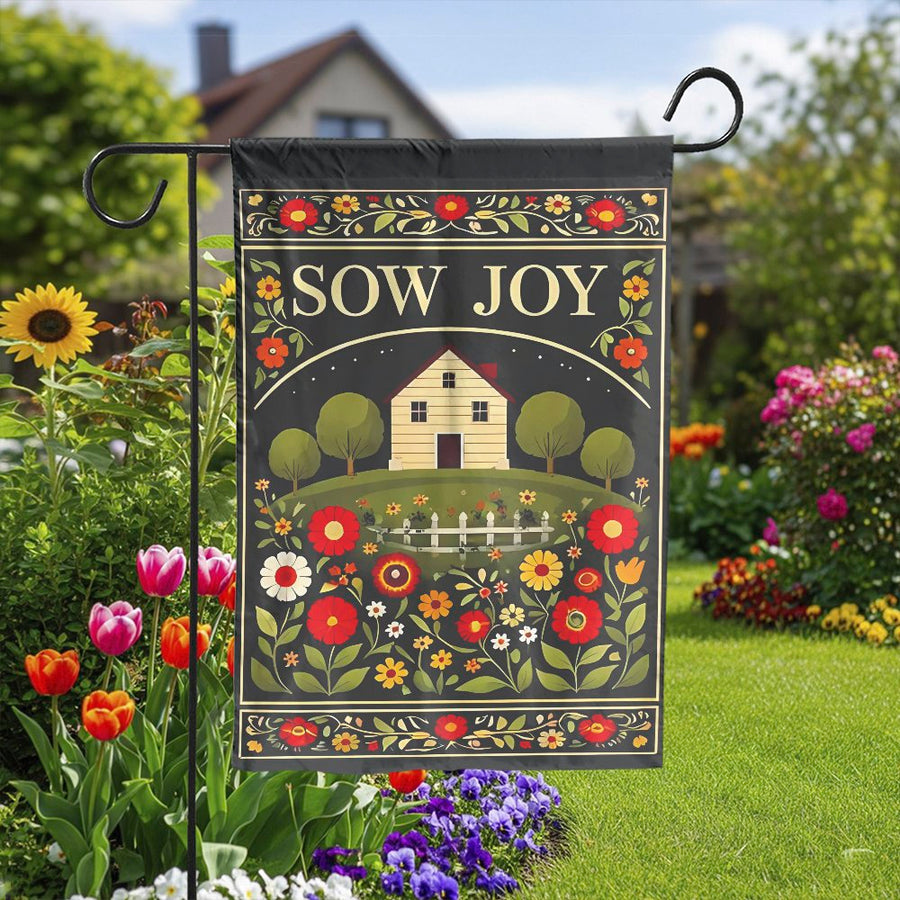 Sow Joy Garden Flag | Vintage Folk Art Floral House | Premium Double Sided Polyester | Seasonal Yard & Patio Decor Gift