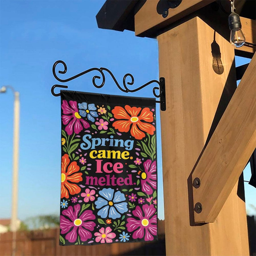 Spring Garden Flag | Colorful Flowers 'Spring Came Ice Melted' Quote | Double-Sided Premium Polyester | Outdoor Home & Yard Decor