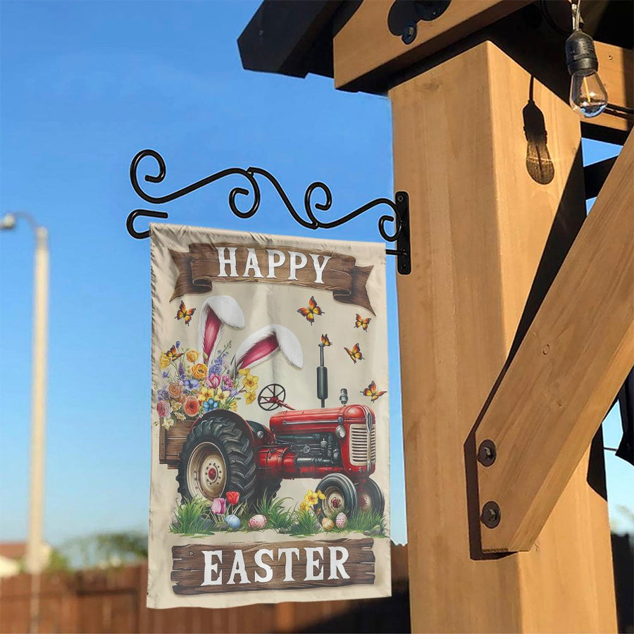 Happy Easter Garden Flag | Vintage Tractor with Bunny Ears & Flowers | Double Sided Polyester | Spring Farmhouse Yard Decor Gift