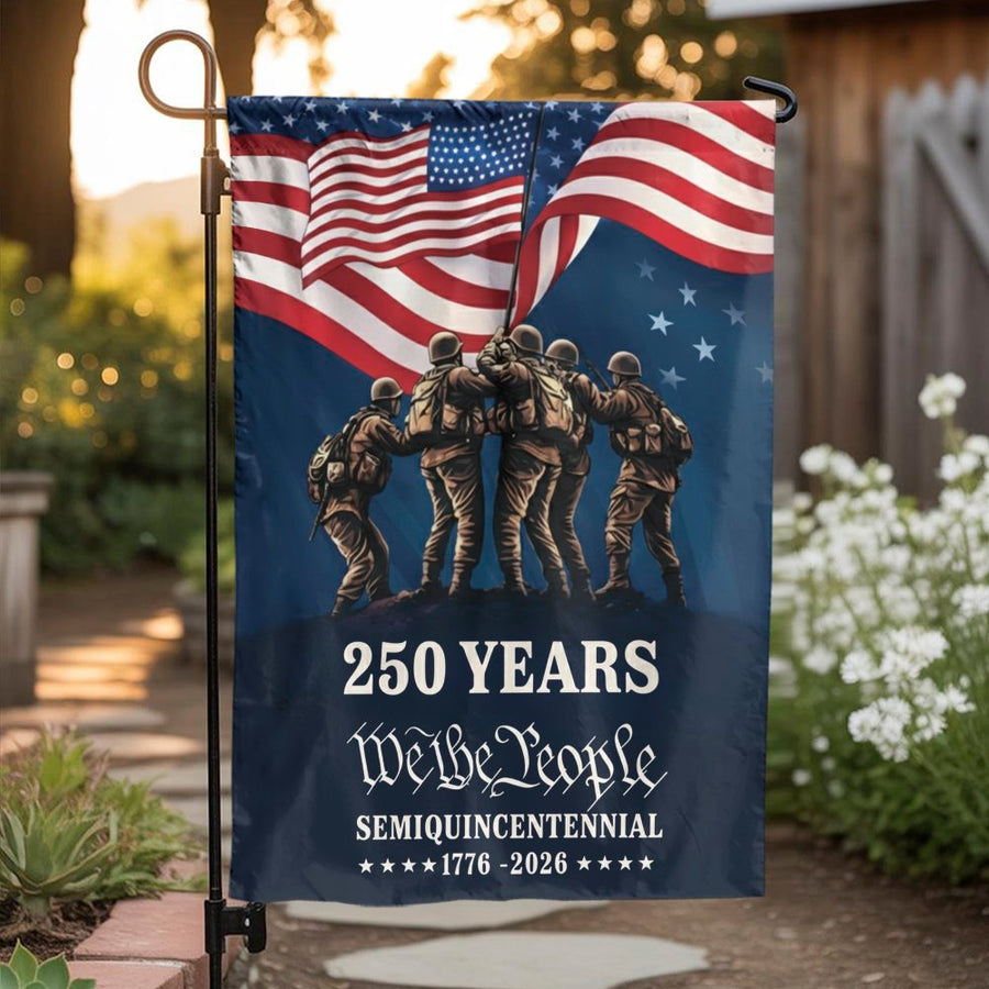 We The People Garden Flag | 250th Anniversary Semiquincentennial Design | Double Sided Weather-Resistant Fabric | Commemorative Patriotic Yard Decor Gift
