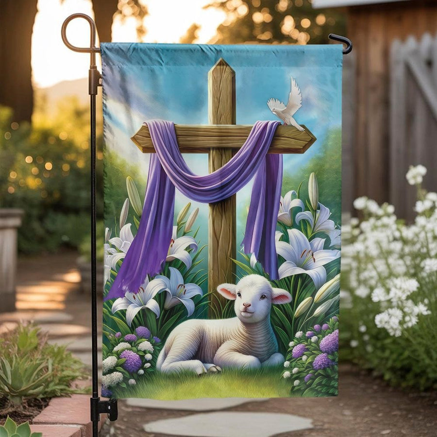 Easter Garden Flag | Lamb of God and Cross Scene | Double Sided Weather-Resistant Fabric | Christian Religious Yard Decor Gift