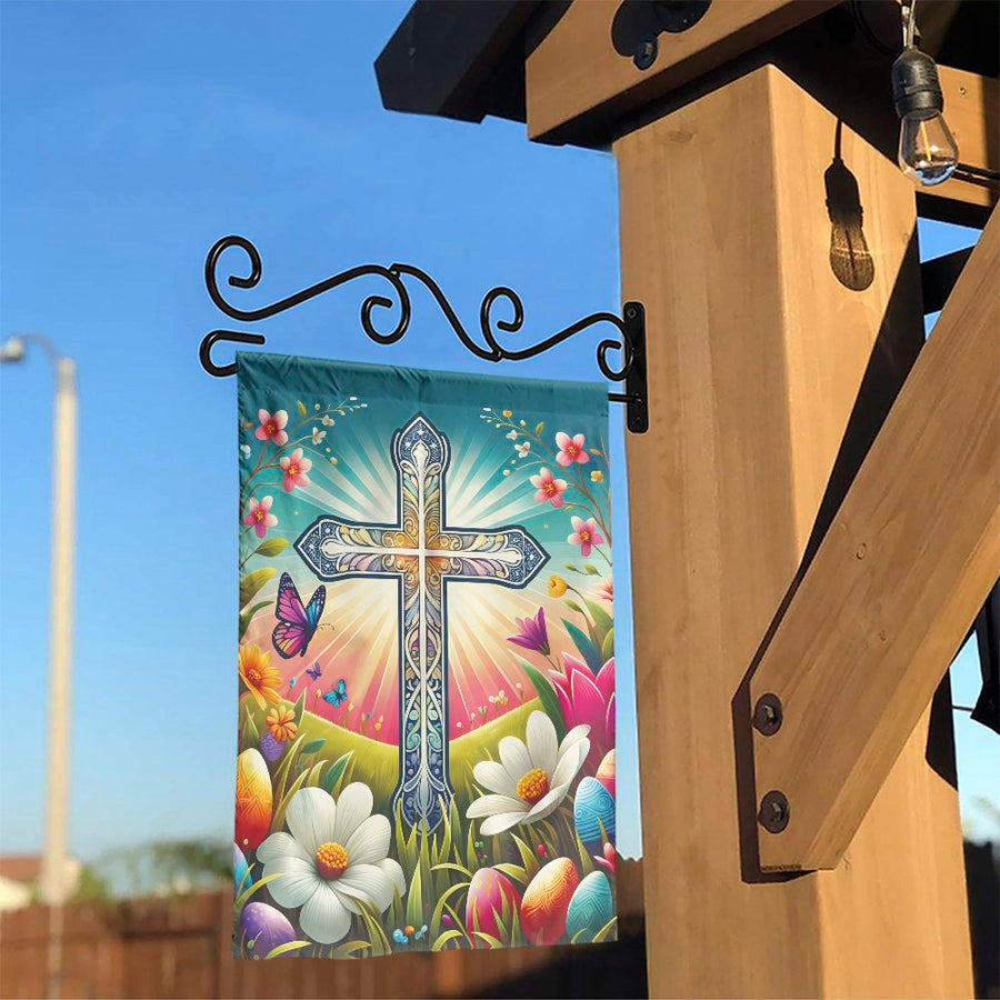 Christian Easter Garden Flag | He is Risen Resurrection Scene with Floral Cross | Premium Double-Sided Fabric | Religious Spring Yard Decor Gift