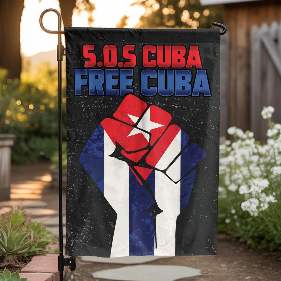 Free Cuba Garden Flag | SOS Cuba Patriotic Freedom Fist | Double Sided Weather Resistant Polyester | Yard Decor Gift for Cuban Patriots