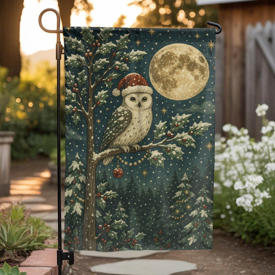 Christmas Owl Garden Flag | Vintage Snowy Owl in Santa Hat Art | Double Sided Weather Resistant Fabric | Premium Holiday Yard Decor