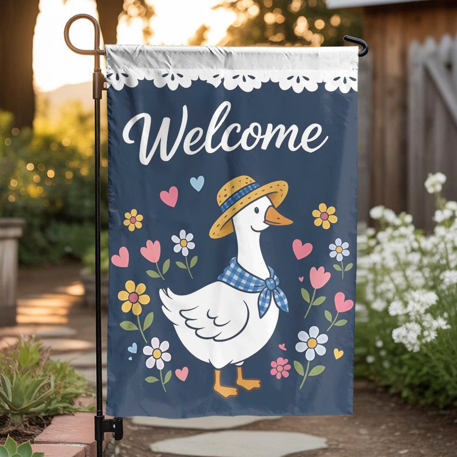 Welcome Garden Flag | Cute Goose with Straw Hat & Flowers | Weather-Resistant Polyester | Cottagecore Outdoor Yard Decor
