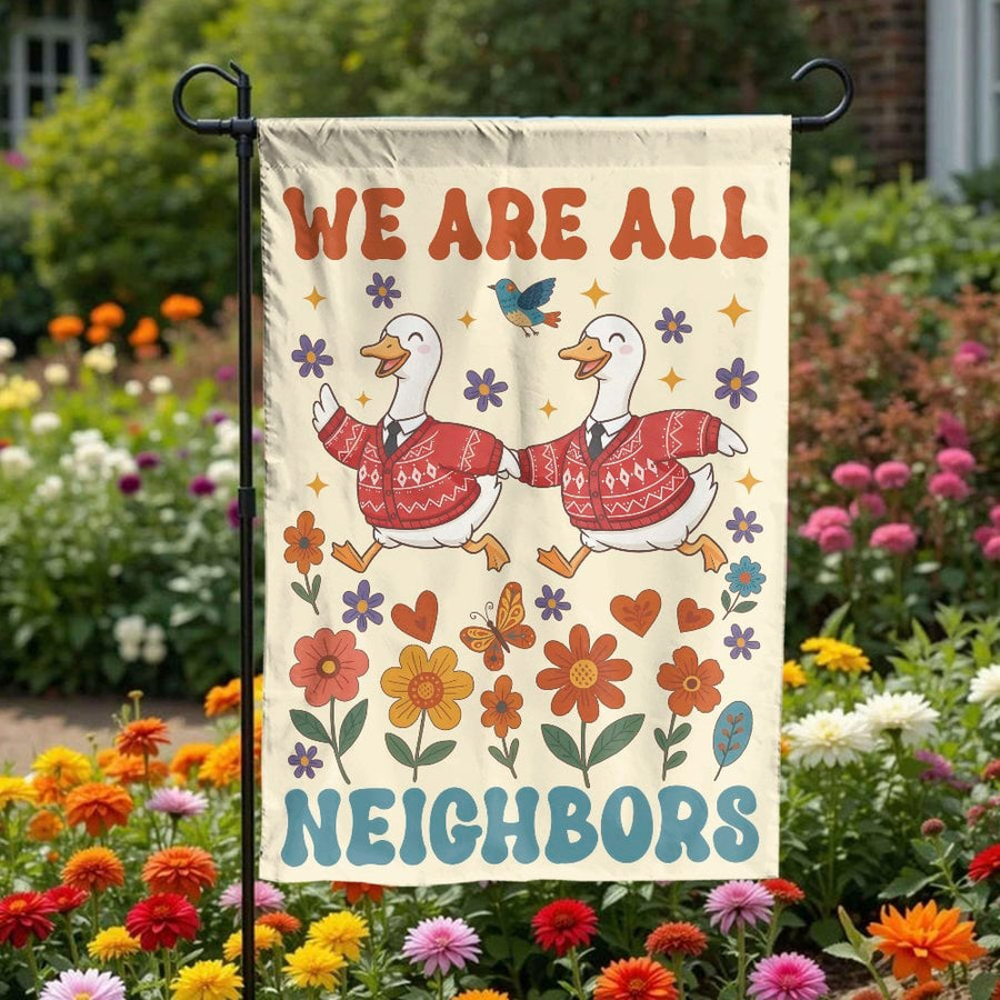 We Are All Neighbors Garden Flag | Retro Cartoon Ducks & 70s Floral Art | Weather-Resistant Double-Sided Fabric | Outdoor Yard Decor & Housewarming Gift
