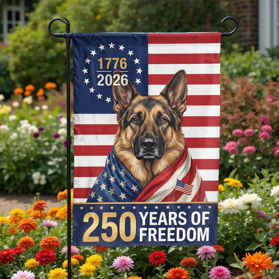 USA 250th Anniversary Garden Flag | Patriotic German Shepherd 1776-2026 Design | Weatherproof Double Sided Print | Commemorative Gift for Dog Lovers