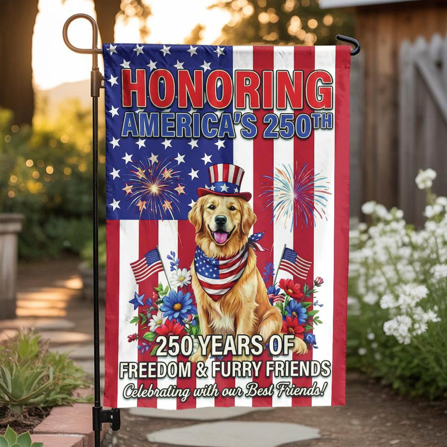 Patriotic USA 250th Anniversary Garden Flag | Golden Retriever & Furry Friends Design | Double Sided Polyester | Outdoor Decor Gift for Dog Lovers