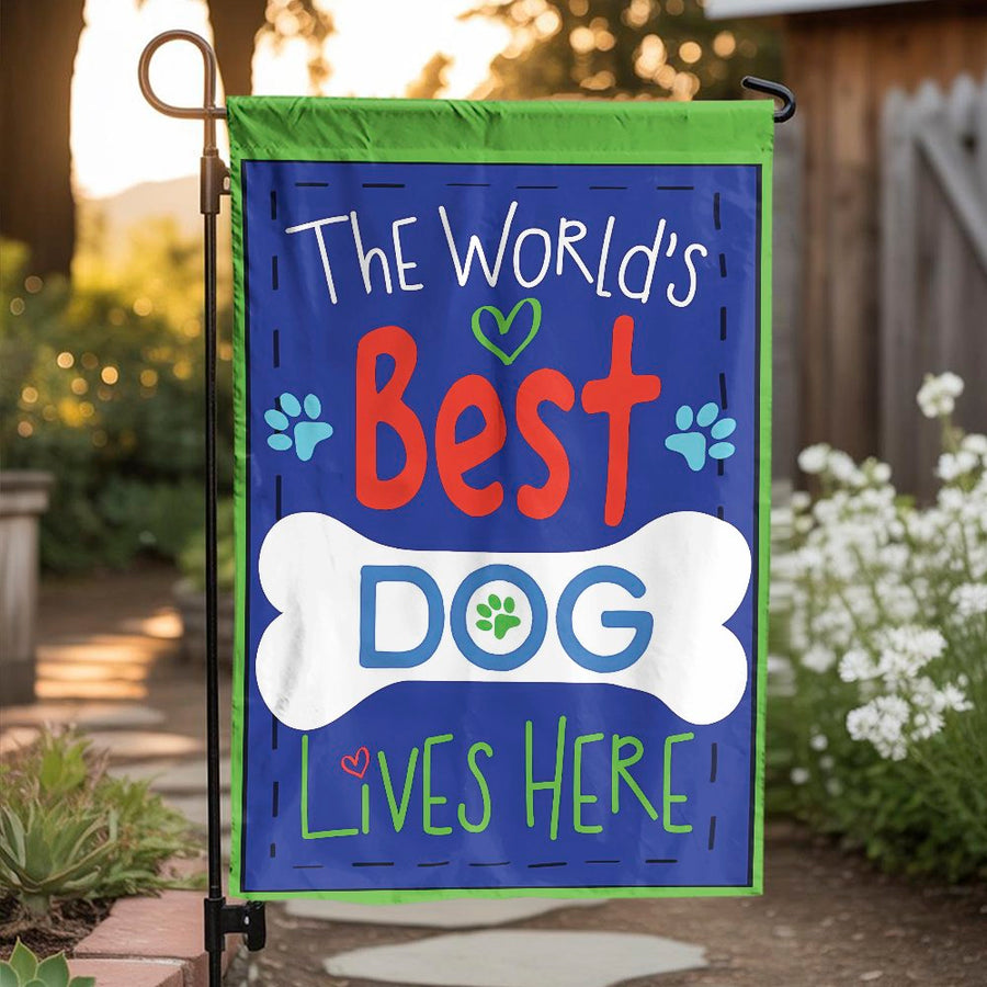 Dog Garden Flag | Worlds Best Dog Lives Here Design | Weather-Resistant Premium Polyester | Pet Owner Outdoor Yard Decor Gift