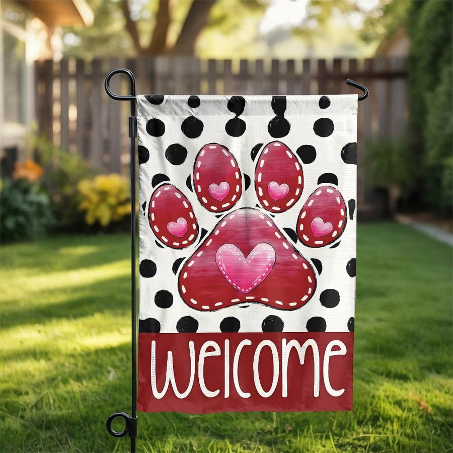 Dog Paw Print Welcome Garden Flag | Polka Dot with Red Heart Design | Double Sided Polyester | Premium Yard Decor Gift for Dog Lovers
