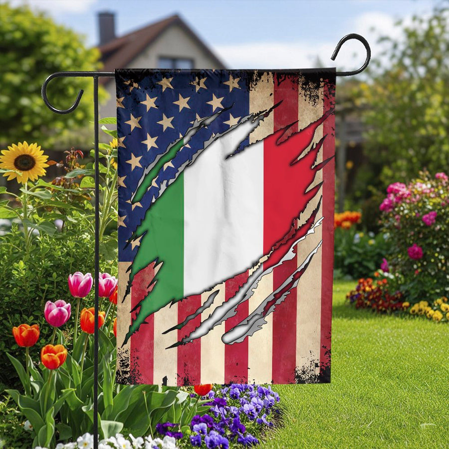 Italian American Garden Flag | Vintage Torn US Flag with Italian Roots | Weather-Resistant Yard Decor | Patriotic Gift for Italian Americans