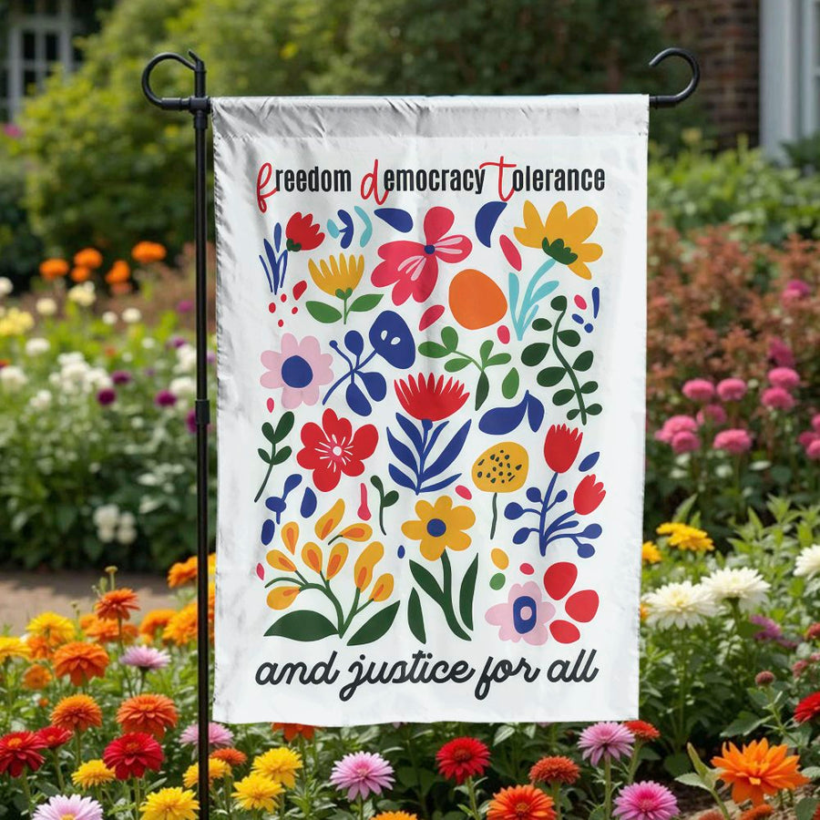 Justice For All Garden Flag | Vibrant Wildflower Art with Freedom Quote | Premium Double Sided Polyester | Progressive Home Decor Gift