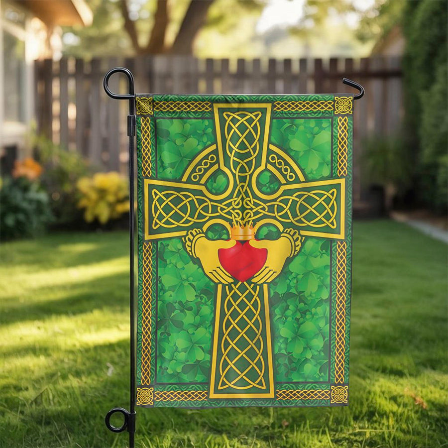 Celtic Cross Garden Flag | Irish Claddagh Symbol & Shamrocks | Weather-Resistant Double Sided Fabric | St. Patrick's Day Holiday Decor