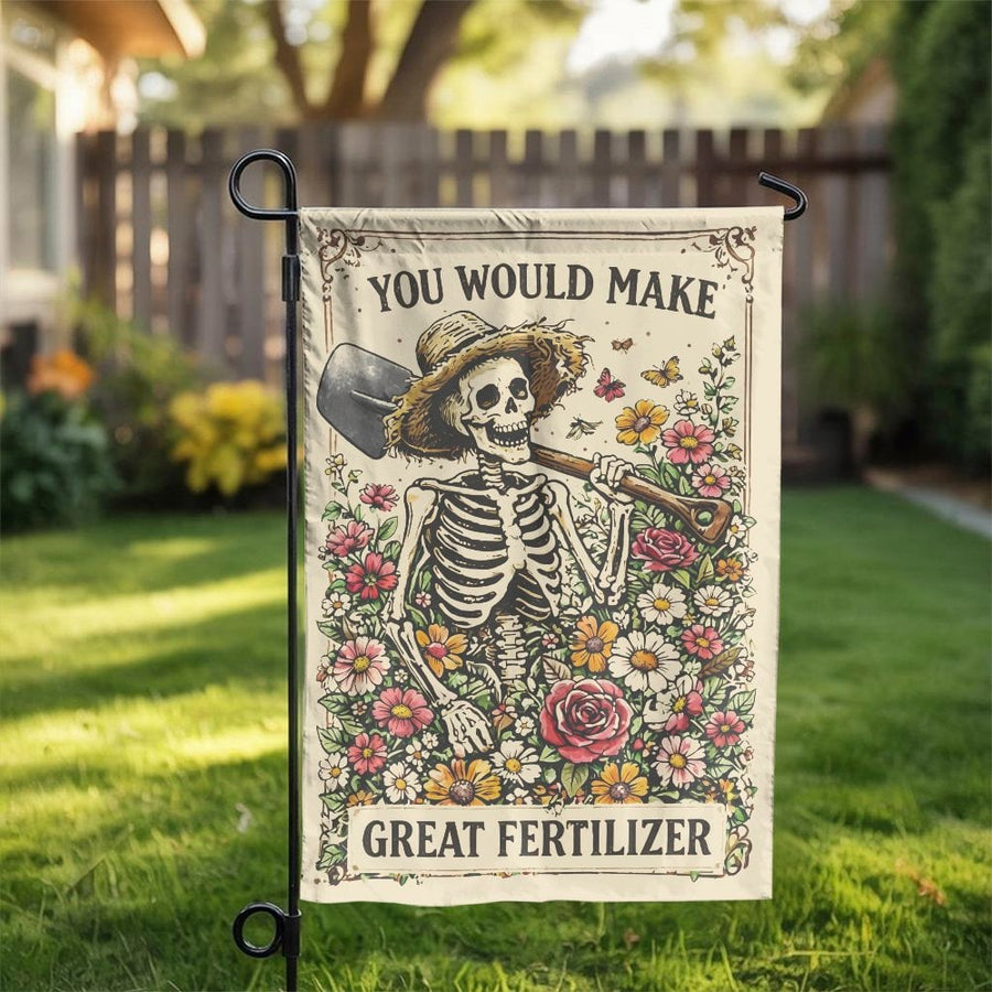 Funny Skeleton Garden Flag | 'Great Fertilizer' Quote | Double Sided Polyester | Sarcastic Gardener Gift & Gothic Yard Decor