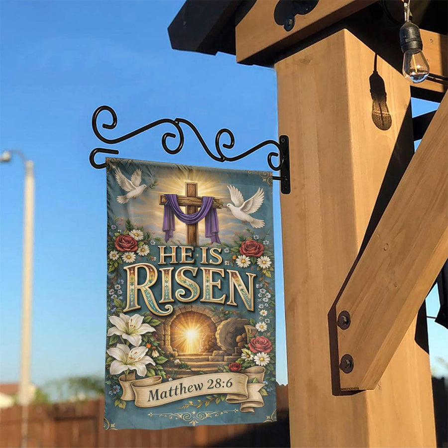 Christian Easter Garden Flag | He is Risen Empty Tomb Art with Bible Verse | Weather Resistant Double Sided Polyester | Religious Home Decor Gift