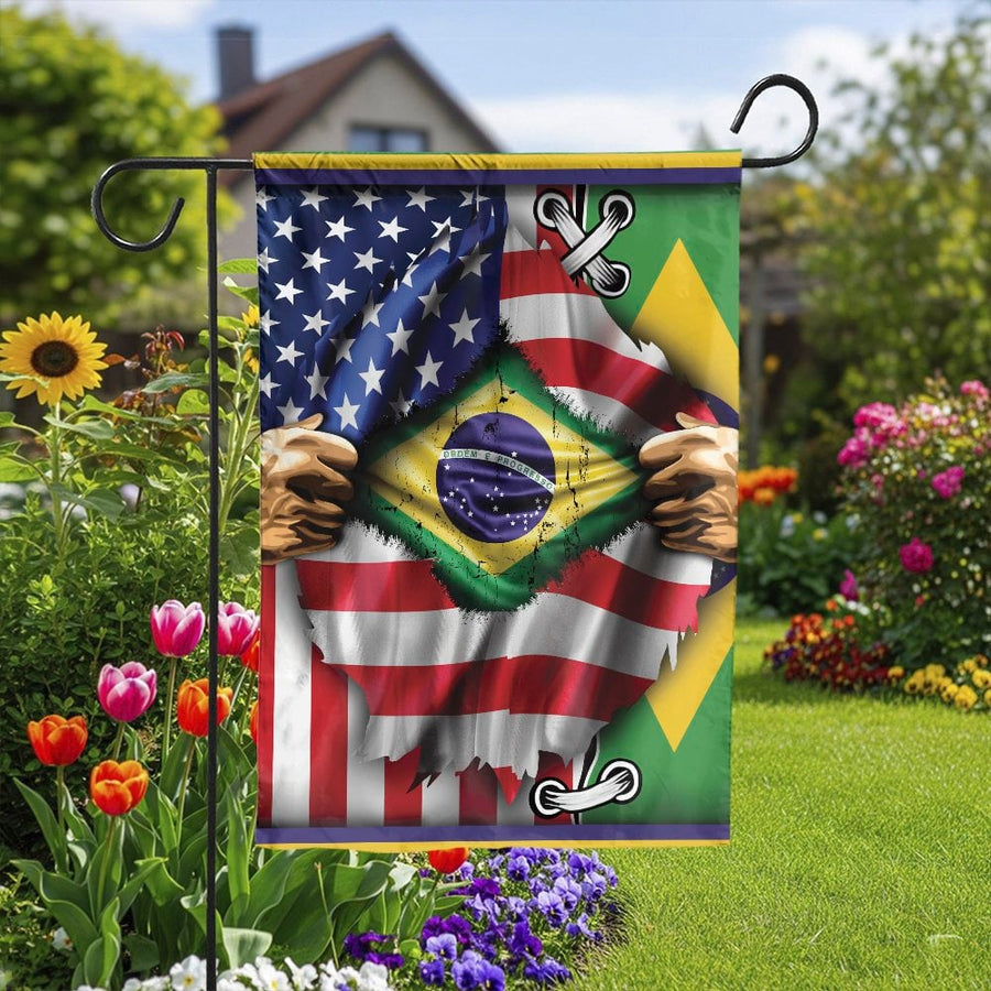 Brazilian American Garden Flag | Ripped USA Flag Reveal Design | Double-Sided Weatherproof Fabric | Patriotic Yard Decor Gift for Immigrants