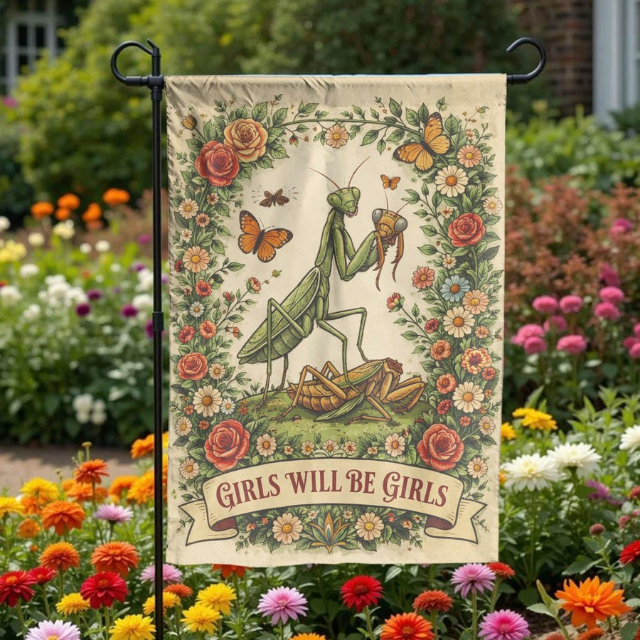 Funny Praying Mantis Garden Flag | Girls Will Be Girls Vintage Botanical Art | Double-Sided Weather-Resistant Polyester | Unique Gift for Gardener