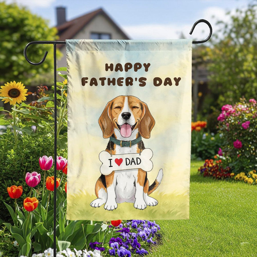 Happy Father's Day Garden Flag | Cute Beagle with "I Love Dad" Sign | Double-Sided Polyester Yard Decor | Unique Gift for Dog Dad & Beagle Lovers