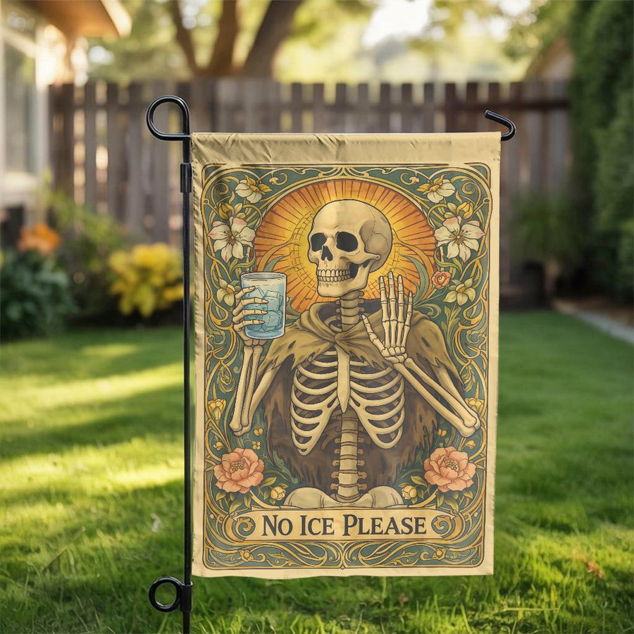 Funny Skeleton Garden Flag | Art Nouveau 'No Ice Please' Design | Weather Resistant Double Sided Polyester | Unique Gothic Yard Art & Bartender Gift