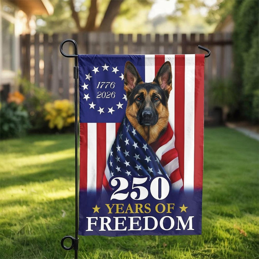 German Shepherd Patriotic Garden Flag | 250th Anniversary 1776-2026 USA Flag | Double Sided Weatherproof Fabric | Collector's Gift for Dog Lover