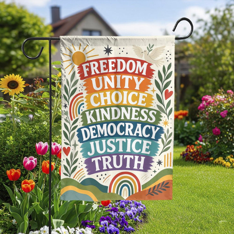 Progressive Values Garden Flag | Freedom Unity Democracy Quote | Weatherproof Double-Sided Print | Liberal Human Rights Yard Decor