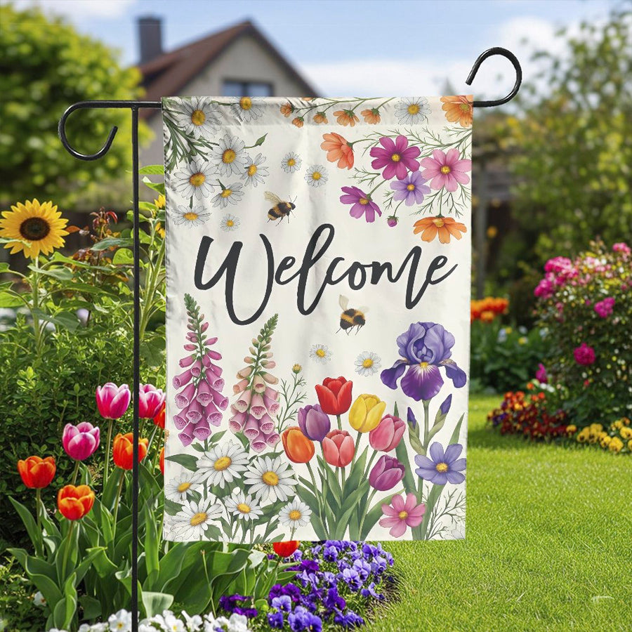 Welcome Garden Flag and House Banner | Colorful Wildflower & Bee Botanical Print | Double-Sided Weather Resistant Fabric | Premium Spring Summer Yard Decor