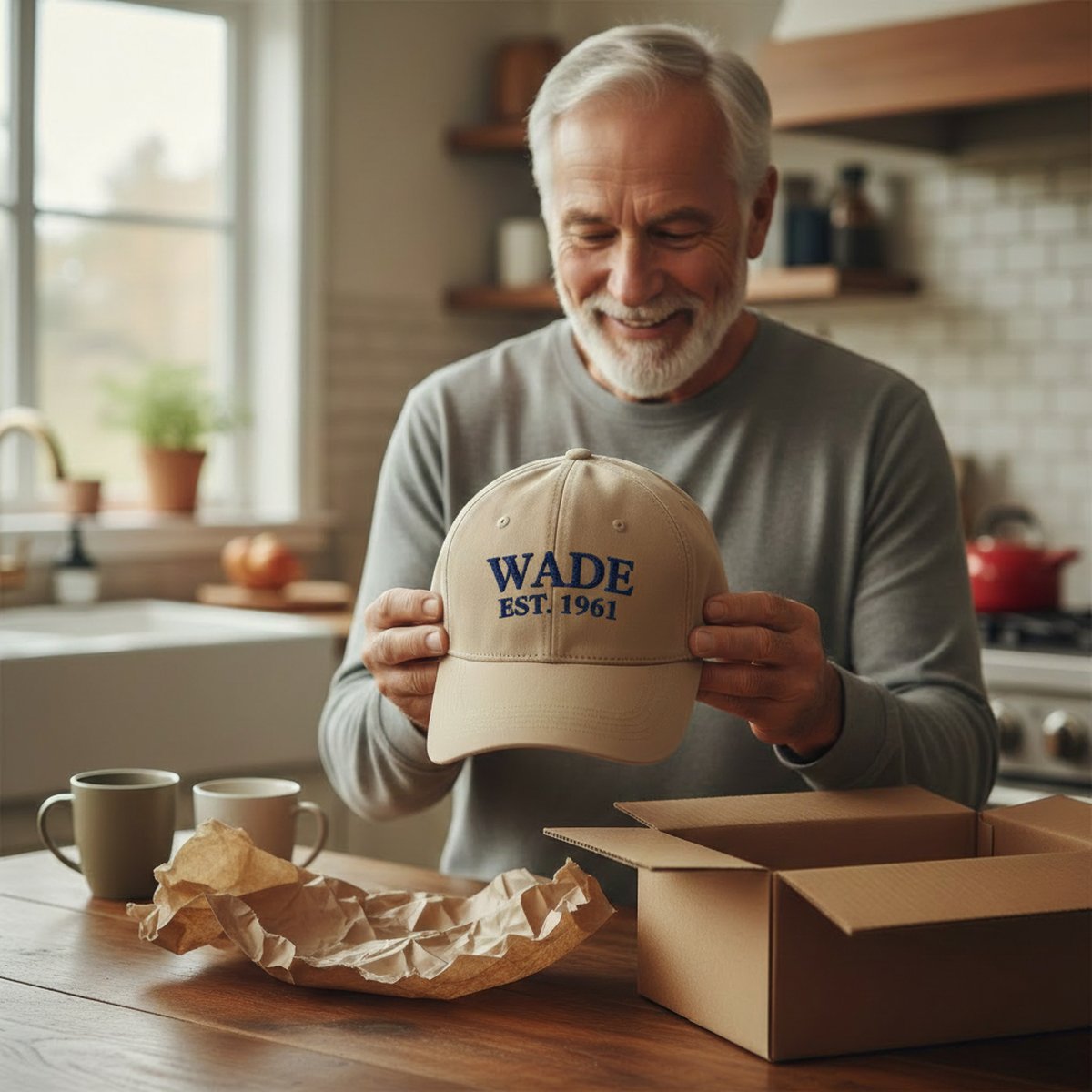 A man holding up a khaki embroidered cap with his name stitched on the front